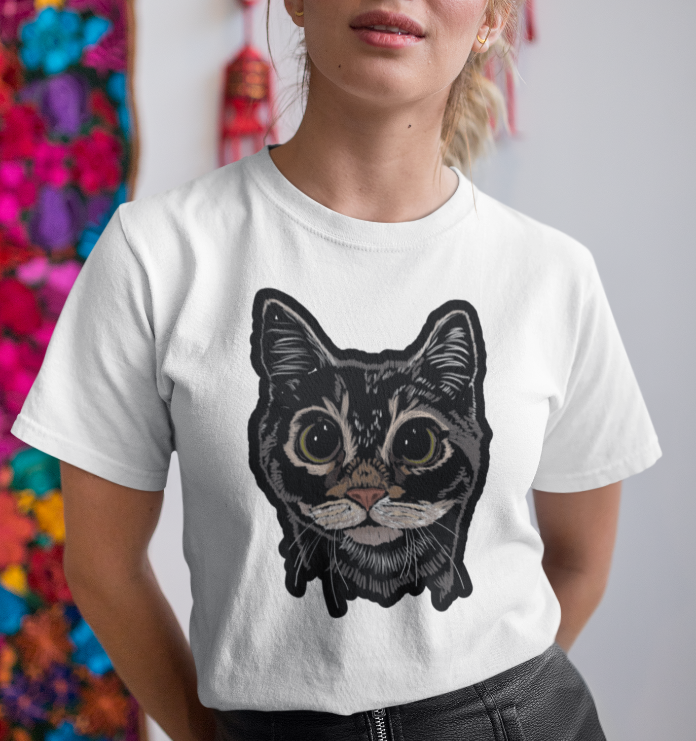 "Boba Eyes Cat" from Jamie's Hand-Drawn Cat Collection Unisex Soft-style T-Shirt