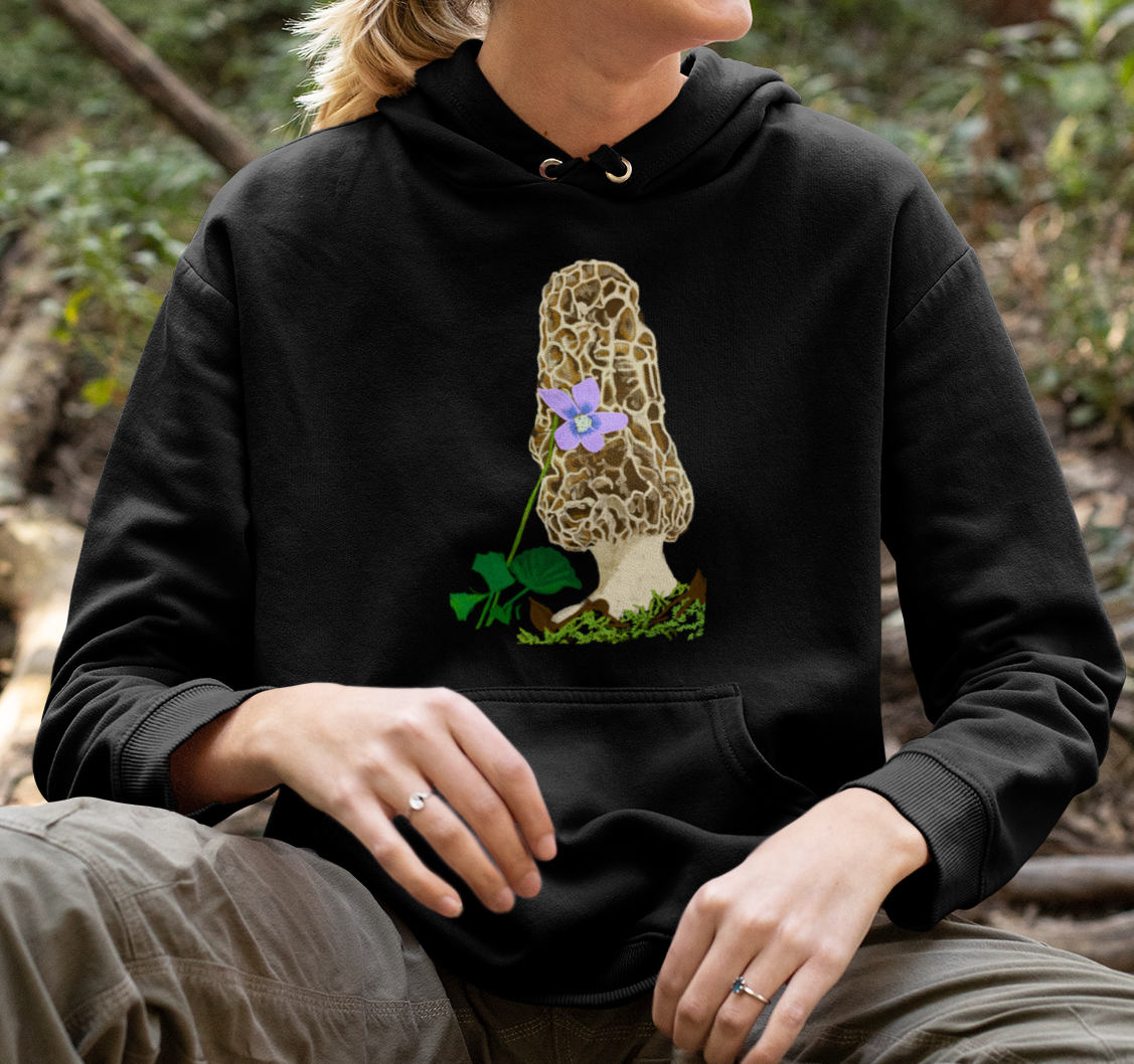 "Morel with Violet" from Jamie's Hand-Drawn Mushroom Collection Unisex Hoodie