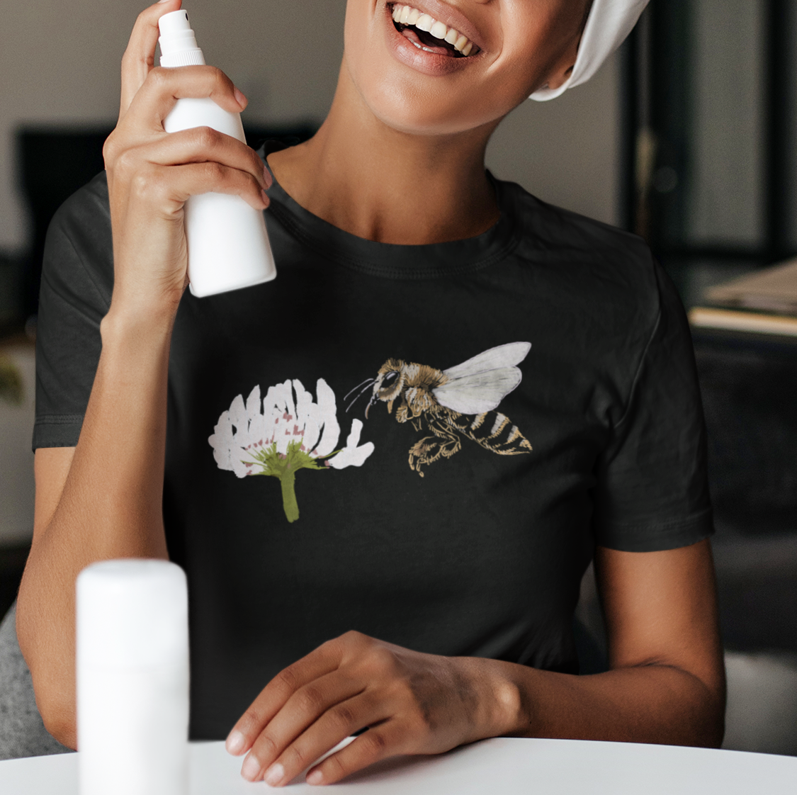 "Honey Bee on a White Clover" from Jamie's Hand-Drawn Honey Bee Collection Unisex Soft-style T-Shirt