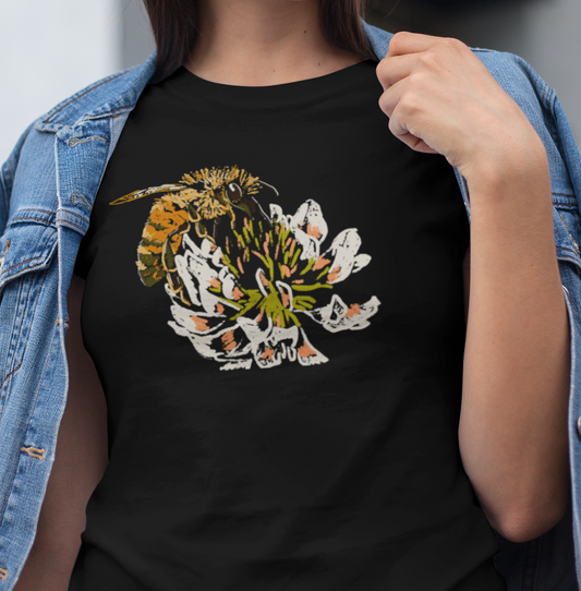 "Honey Bee on a Clover" from Jamie's Hand-Drawn Honey Bee Collection Unisex Soft-style T-Shirt