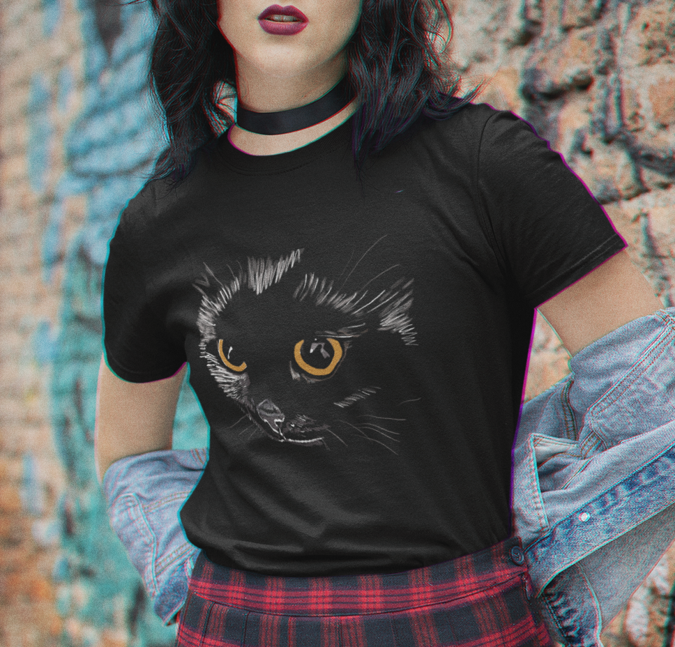 "Black Cat Yellow Eyes" from Jamie's Hand-Drawn cat Collection Unisex Soft-style T-Shirt