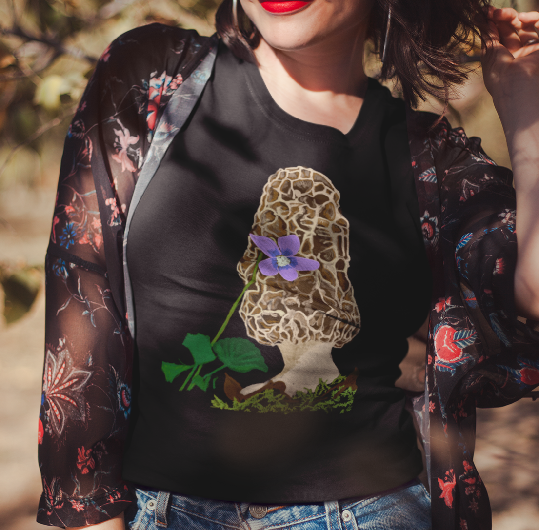 "Morel with Violet" from Jamie's Hand-Drawn Mushroom Collection Unisex Soft-style T-Shirt
