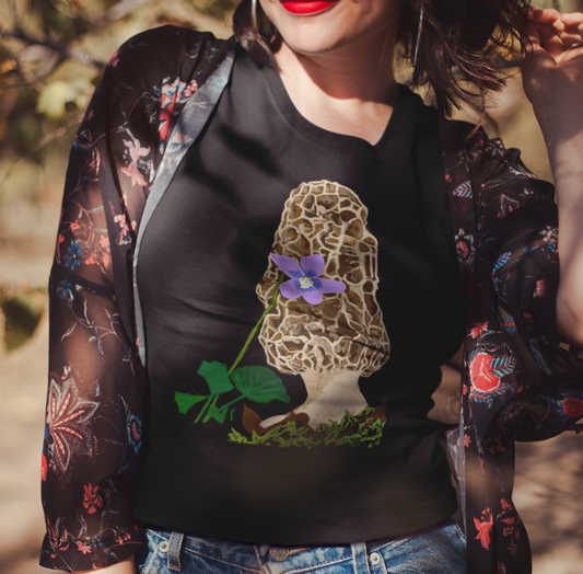 "Morel with Violet" from Jamie's Hand-Drawn Mushroom Collection Unisex Soft-style T-Shirt