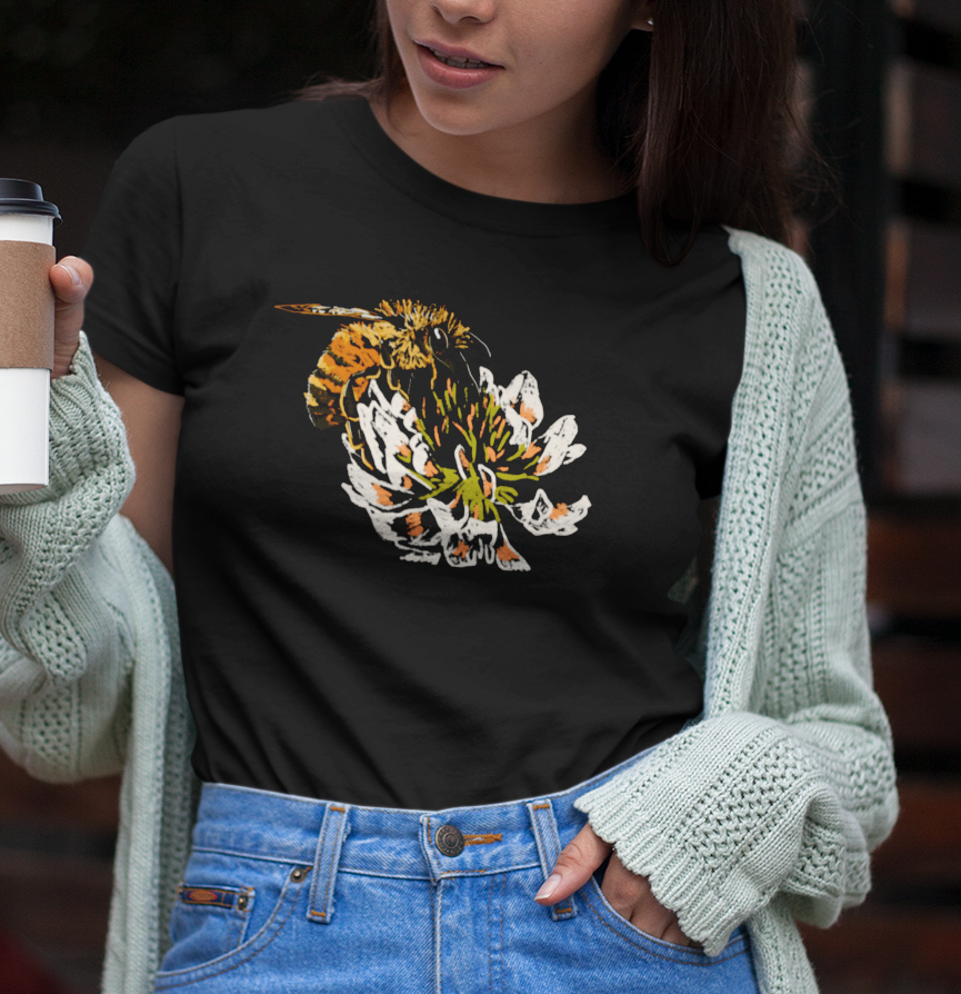 "Honey Bee on a Clover" from Jamie's Hand-Drawn Honey Bee Collection Unisex Soft-style T-Shirt