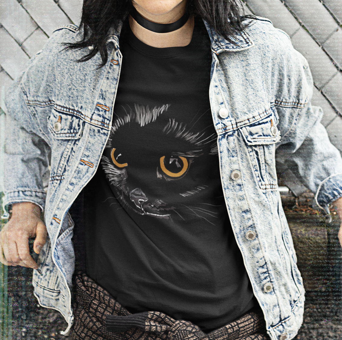 "Black Cat Yellow Eyes" from Jamie's Hand-Drawn cat Collection Unisex Soft-style T-Shirt