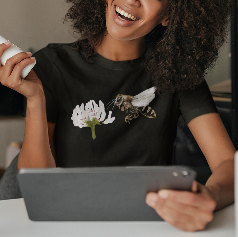 "Honey Bee on a White Clover" from Jamie's Hand-Drawn Honey Bee Collection Unisex Soft-style T-Shirt