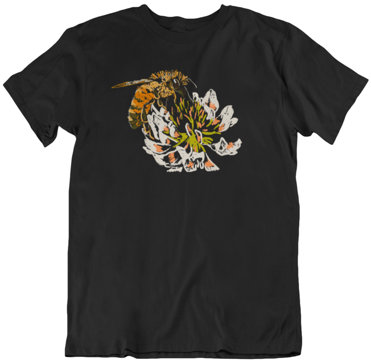 "Honey Bee on a Clover" from Jamie's Hand-Drawn Honey Bee Collection Unisex Soft-style T-Shirt