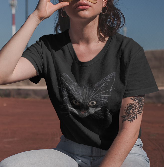 "Grey Eyed Kitty" from Jamie's Hand-Drawn Cat Collection Unisex Soft-style T-Shirt