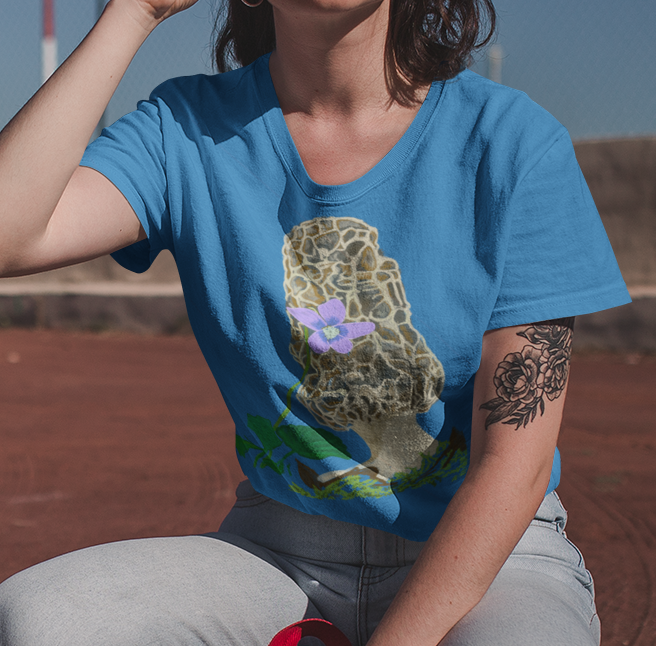 "Morel with Violet" from Jamie's Hand-Drawn Mushroom Collection Unisex Soft-style T-Shirt