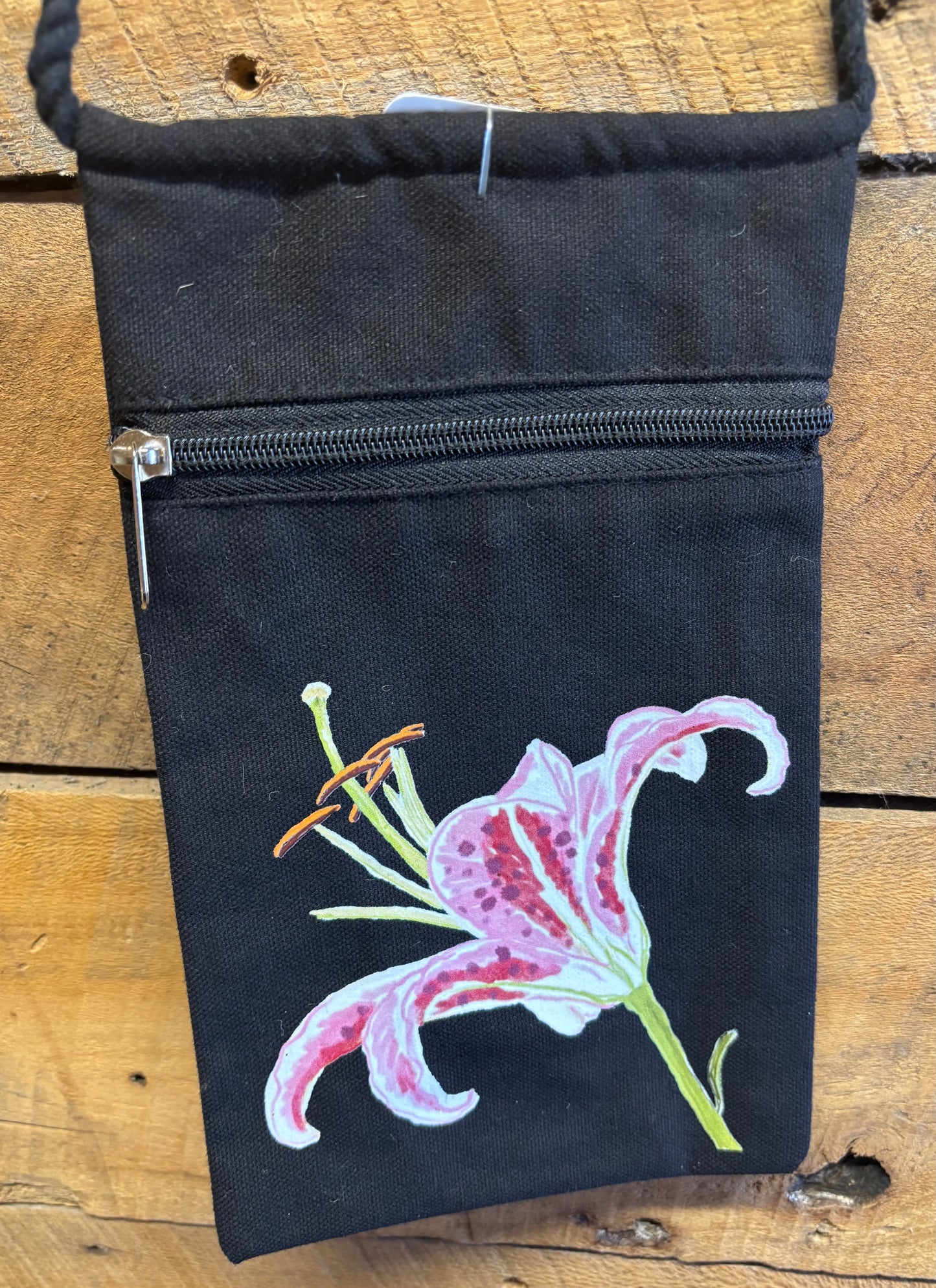 "Pink Lily" Jamie's Hand-Drawn Floral Collection Handbag With Twisted Rope Strap 6"x9"