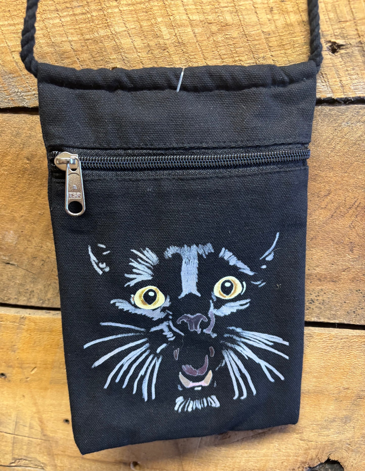 "Toothy Cat" Jamie's Hand-Drawn Cat Collection Handbag With Twisted Rope Strap 6"x9"