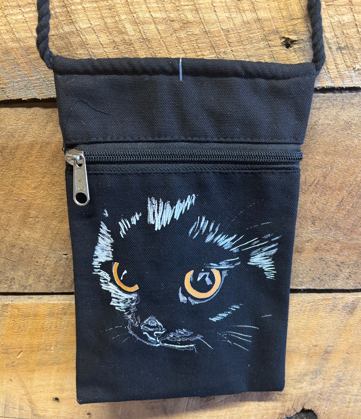 "Black Cat, Yellow Eyes" Jamie's Hand-Drawn Cat Collection Handbag With Twisted Rope Strap 6"x9"