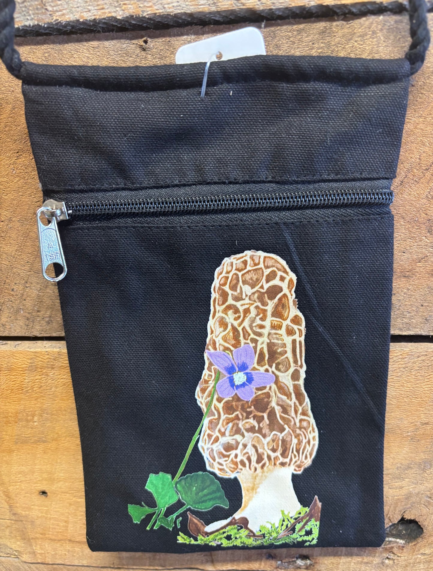 "Morel with Violet" Jamie's Hand-Drawn Mushroom Collection Handbag With Twisted Rope Strap 6"x9"