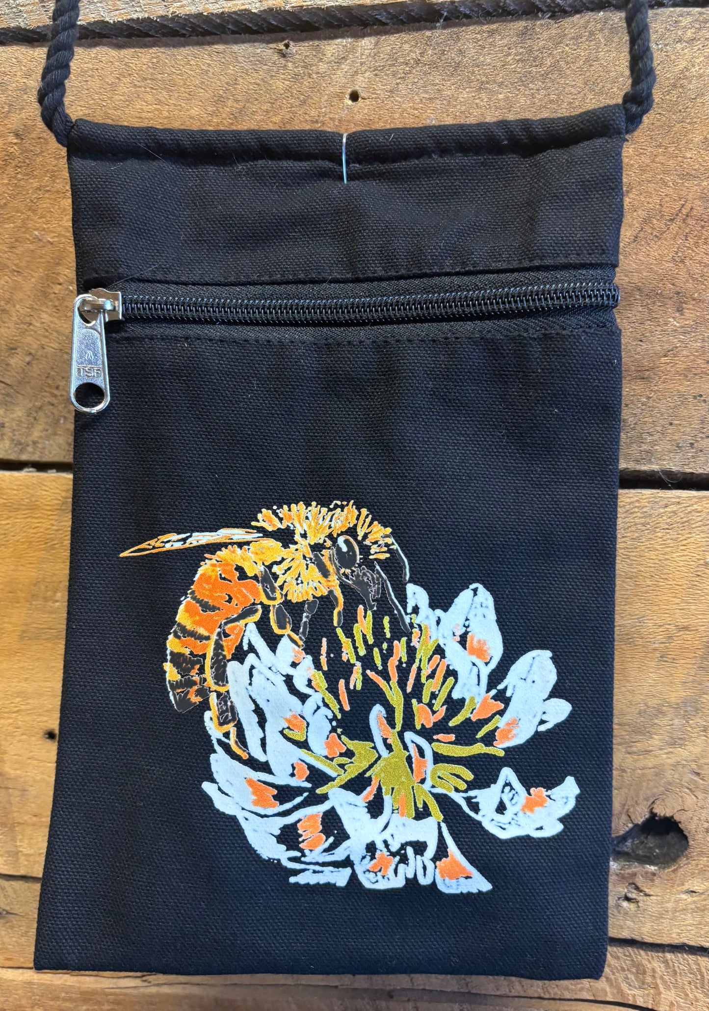 "Honey Bee on a Clover" Jamie's Hand-Drawn Honey Bee Collection Handbag With Twisted Rope Strap 6"x9"