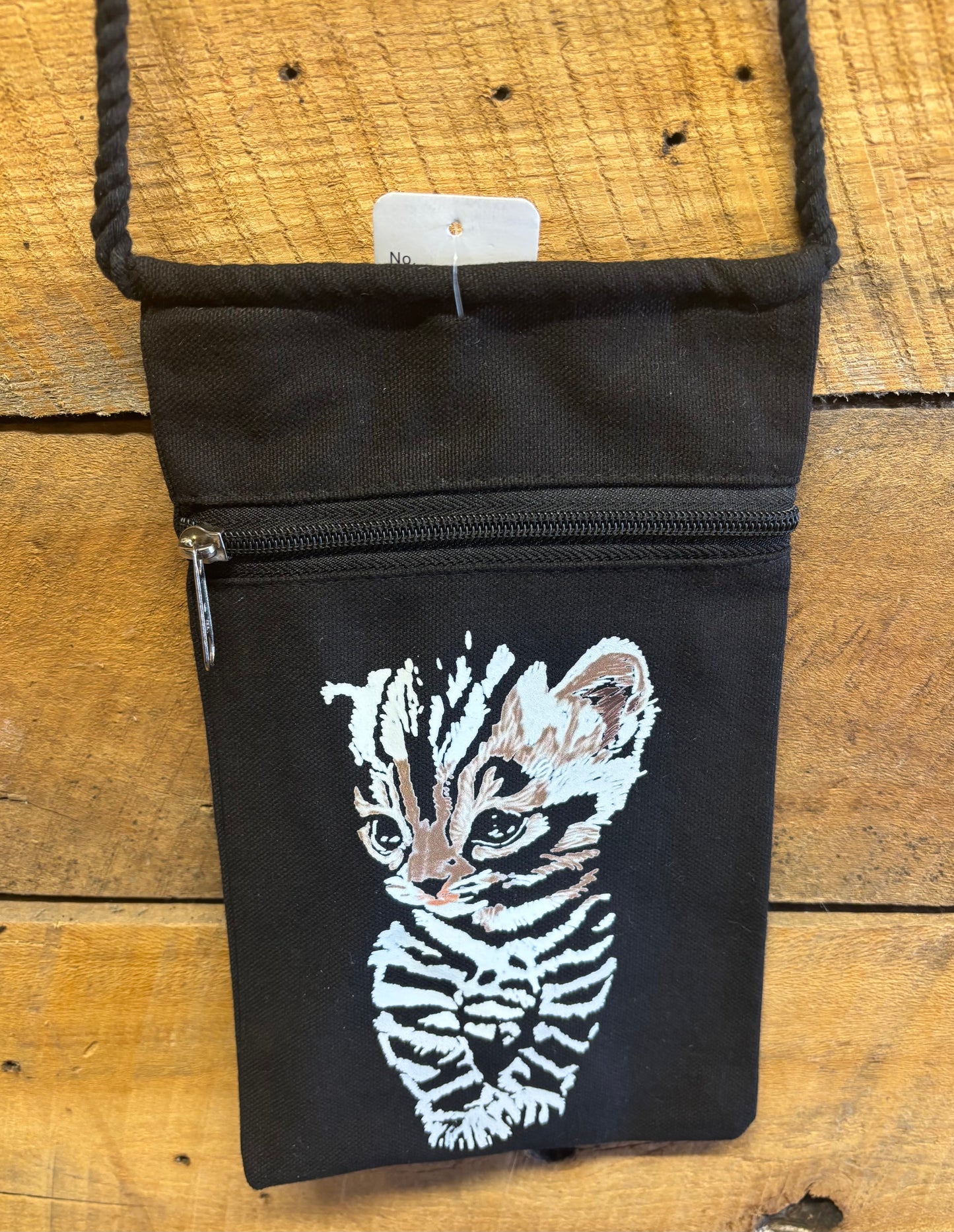 "Striped Kitten" Jamie's Hand-Drawn Cat Collection Handbag With Twisted Rope Strap 6"x9"