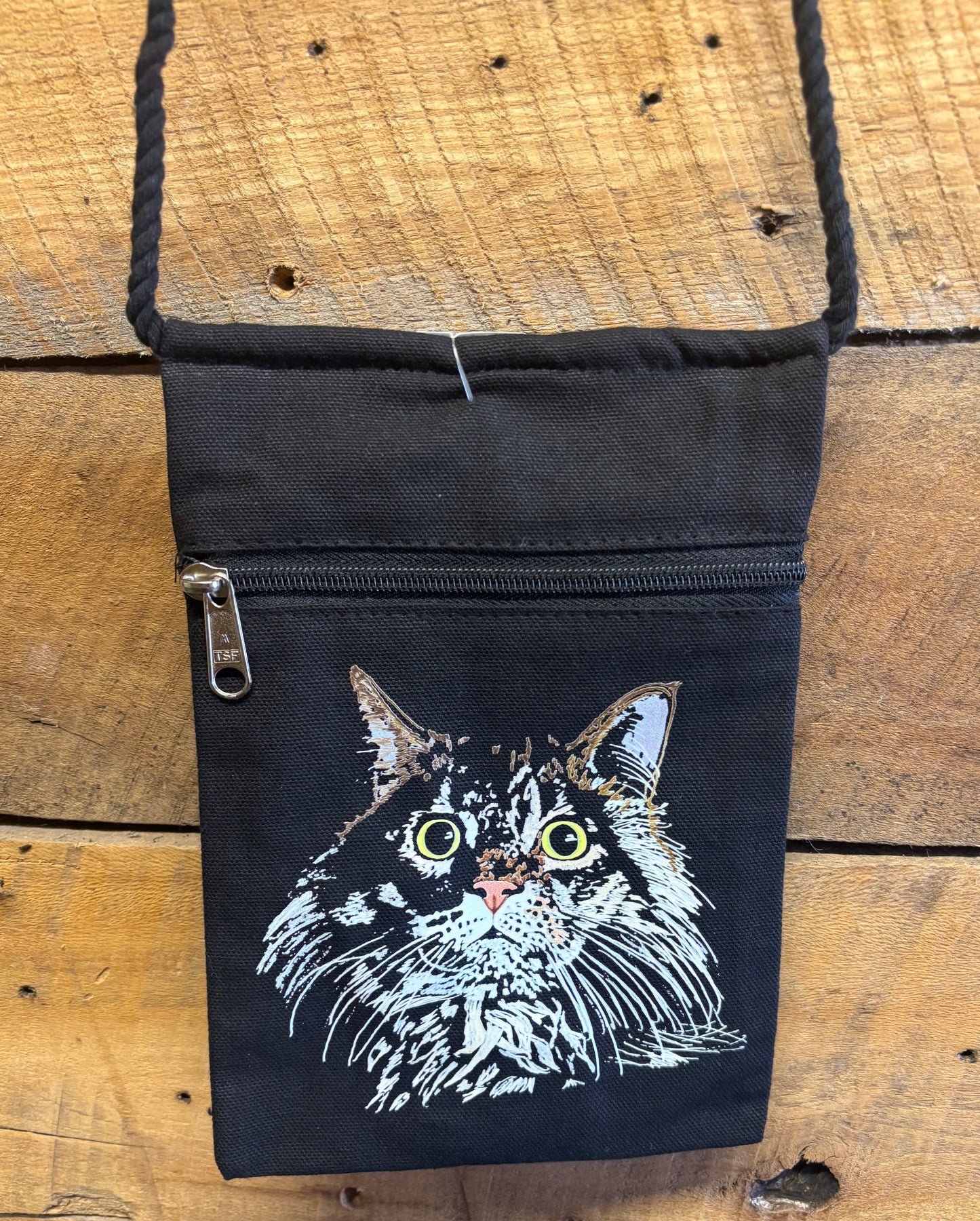 "Cate Mane" Jamie's Hand-Drawn Cat Collection Handbag With Twisted Rope Strap 6"x9"