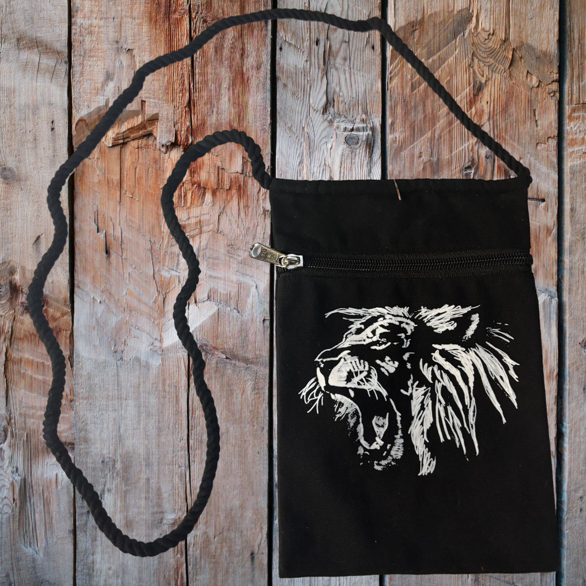 "Lion Rawr" Jamie's Hand-Drawn Cat Collection Handbag With Twisted Rope Strap 6"x9"