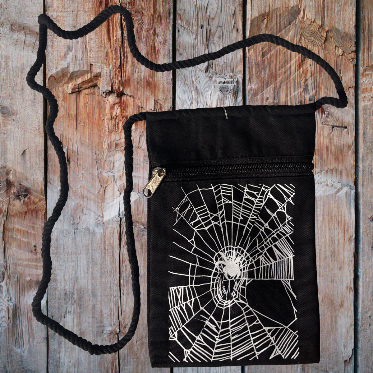 "Spider's Web" Jamie's Hand-Drawn Spider Collection Handbag With Twisted Rope Strap 6"x9"