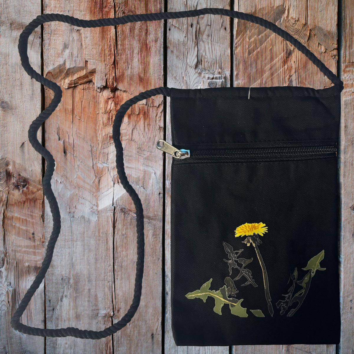 "Dandelion Bloom" Jamie's Hand-Drawn Floral Collection Handbag With Twisted Rope Strap 6"x9"