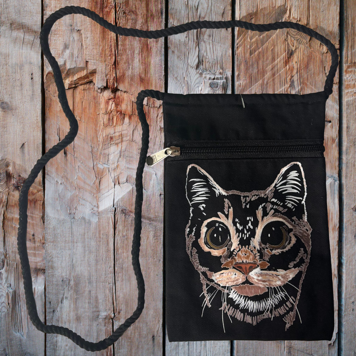 "Boba Eyes Cat" Jamie's Hand-Drawn Cat Collection Handbag With Twisted Rope Strap 6"x9"