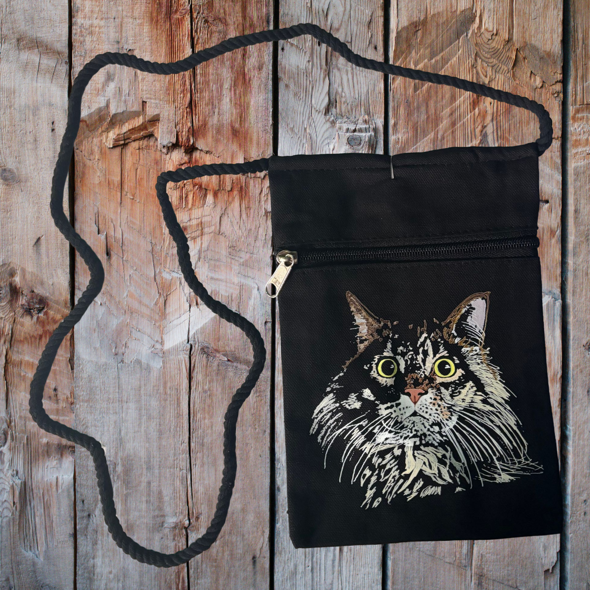 "Cate Mane" Jamie's Hand-Drawn Cat Collection Handbag With Twisted Rope Strap 6"x9"
