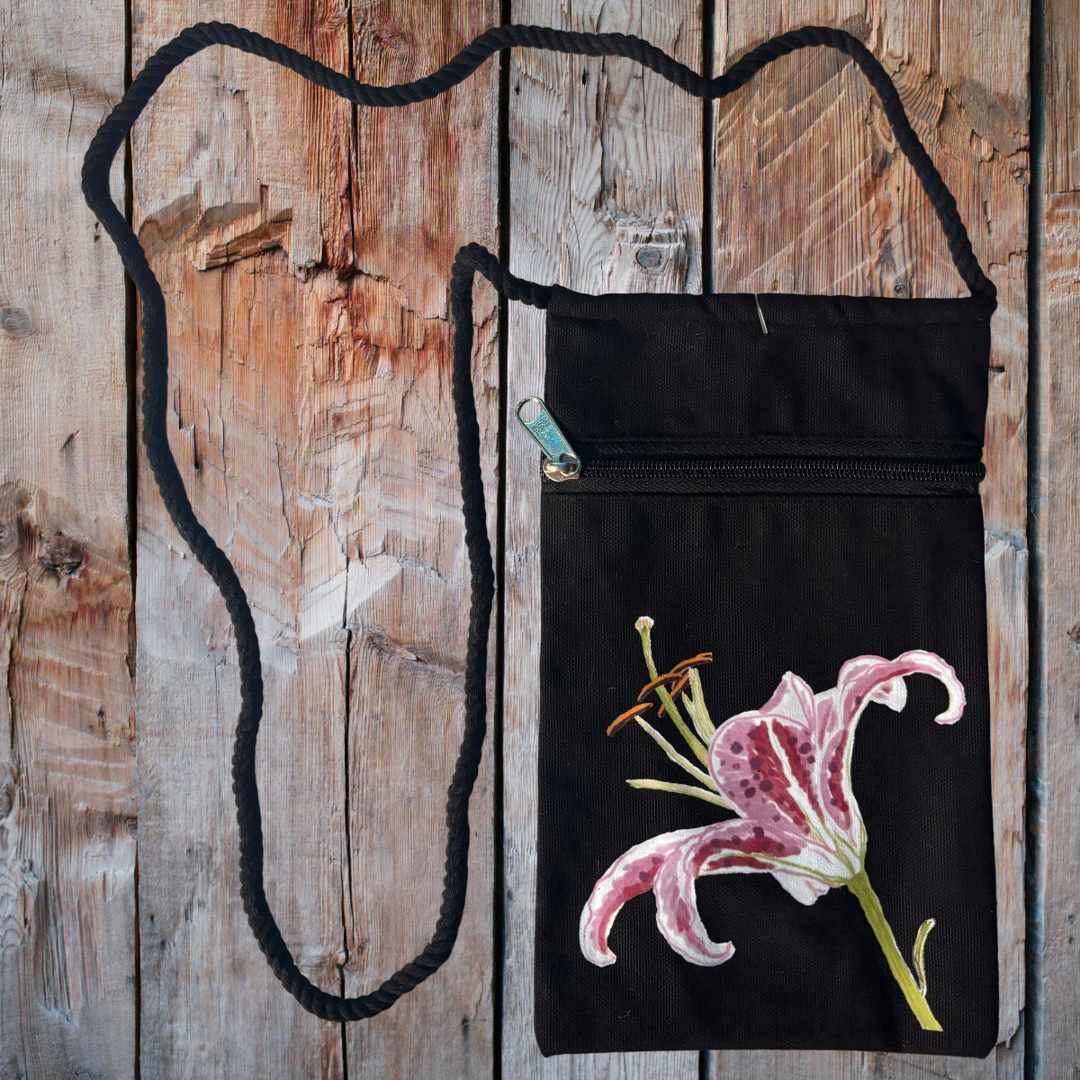 "Pink Lily" Jamie's Hand-Drawn Floral Collection Handbag With Twisted Rope Strap 6"x9"