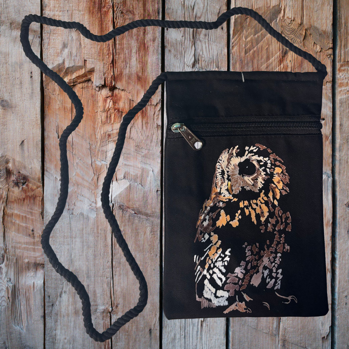 "Cute Brown Owl" Jamie's Hand-Drawn Owl Collection Handbag With Twisted Rope Strap 6"x9"