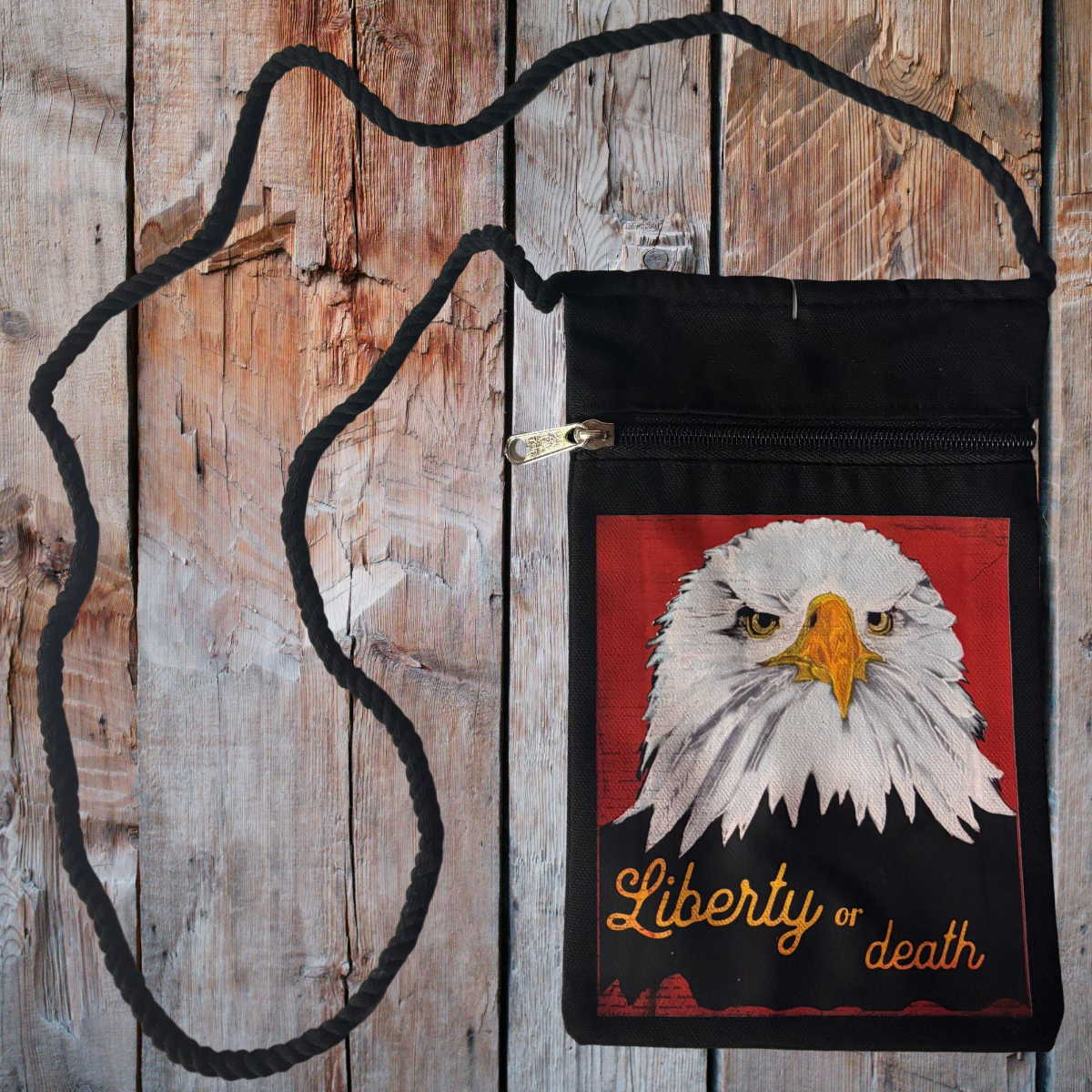 "Liberty or Death" Jamie's Hand-Drawn Eagle Collection Handbag With Twisted Rope Strap 6"x9"