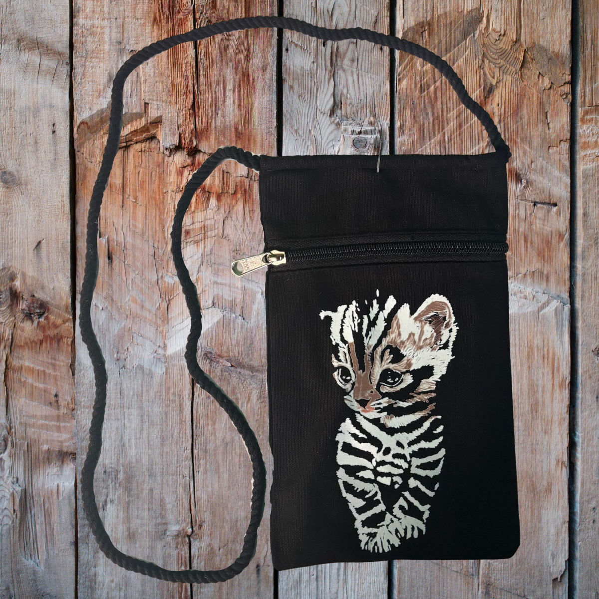 "Striped Kitten" Jamie's Hand-Drawn Cat Collection Handbag With Twisted Rope Strap 6"x9"