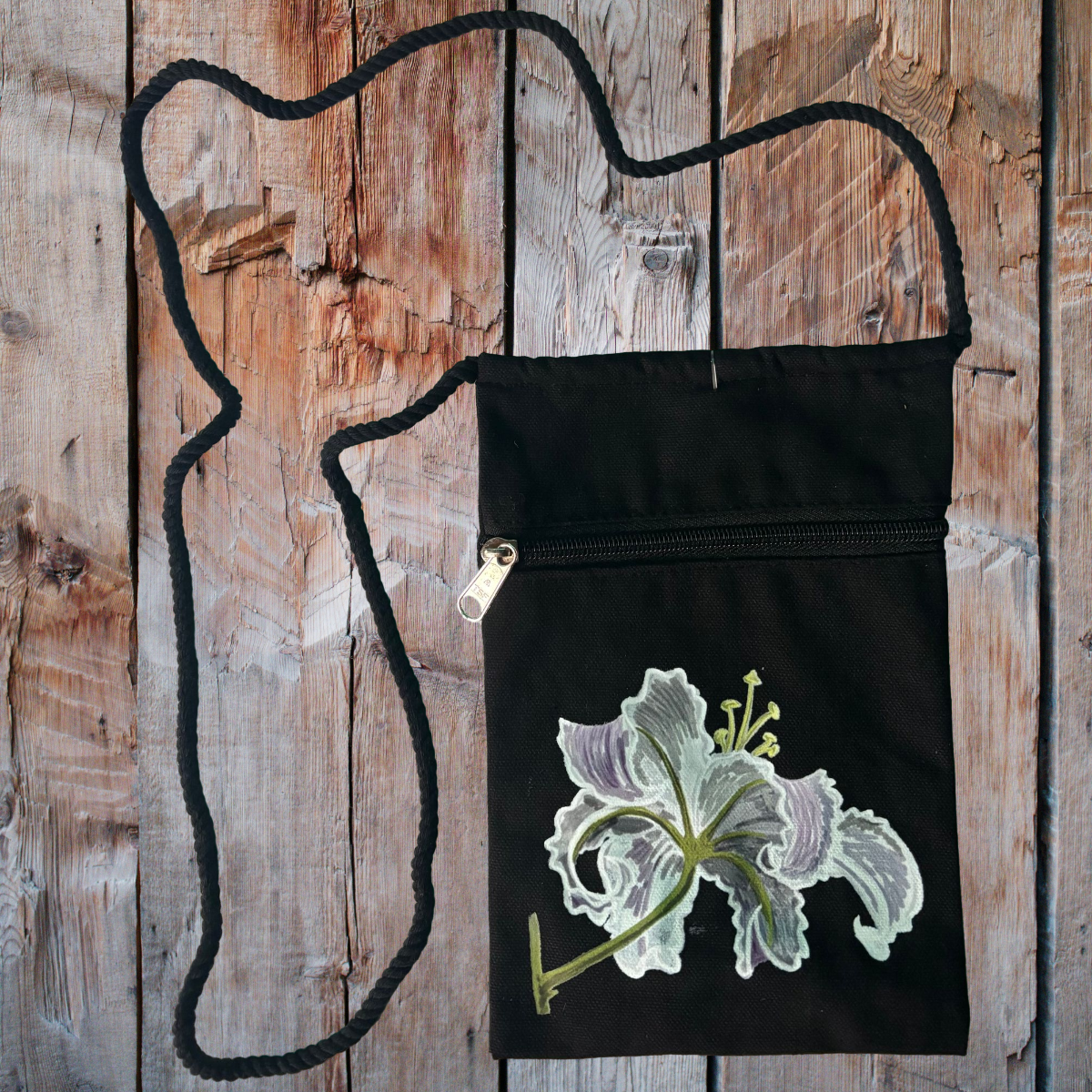 "Lily Blossom" Jamie's Hand-Drawn Floral Collection Handbag With Twisted Rope Strap 6"x9"