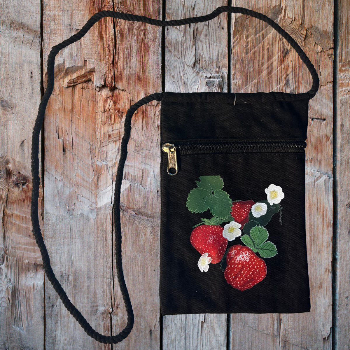 "Strawberry" Jamie's Hand-Drawn Fruits & Veggies Collection Handbag With Twisted Rope Strap 6"x9"