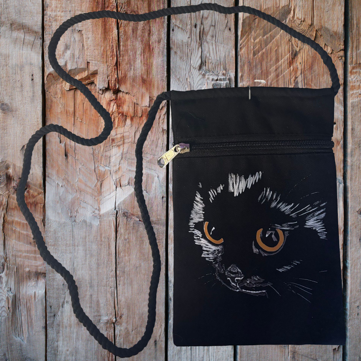 "Black Cat, Yellow Eyes" Jamie's Hand-Drawn Cat Collection Handbag With Twisted Rope Strap 6"x9"