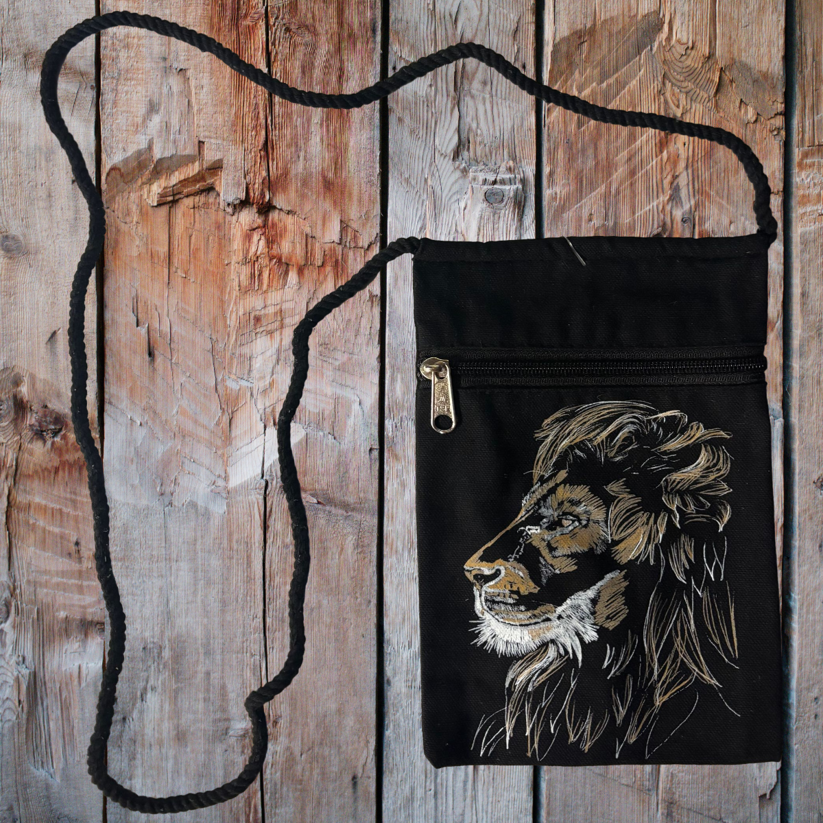 "Golden Lion" Jamie's Hand-Drawn Cat Collection Handbag With Twisted Rope Strap 6"x9"