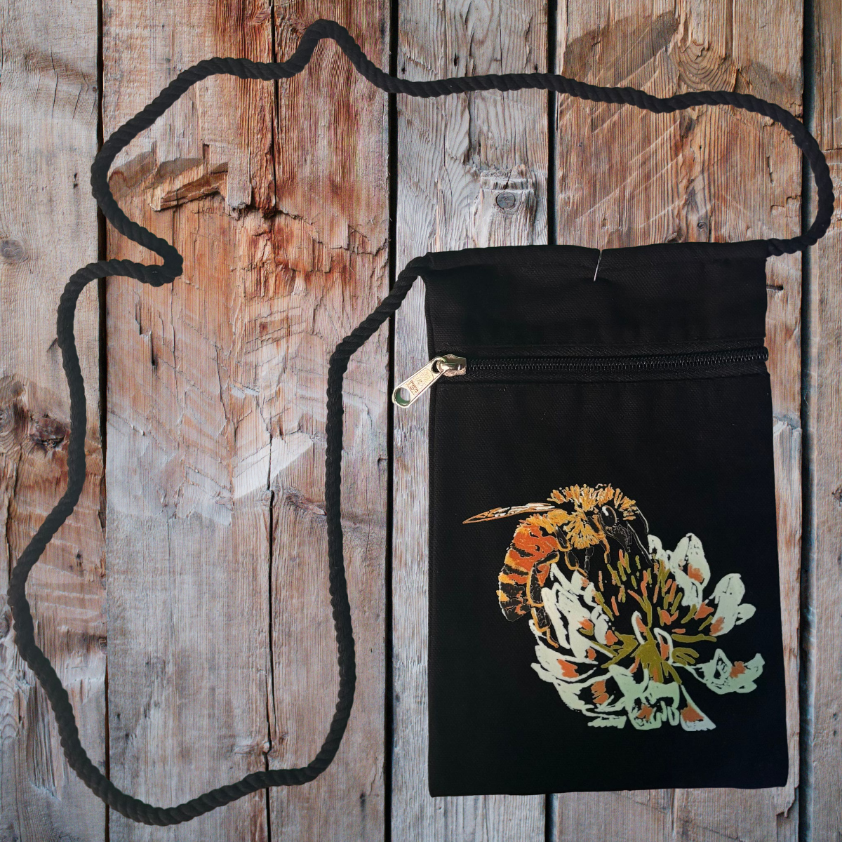 "Honey Bee on a Clover" Jamie's Hand-Drawn Honey Bee Collection Handbag With Twisted Rope Strap 6"x9"