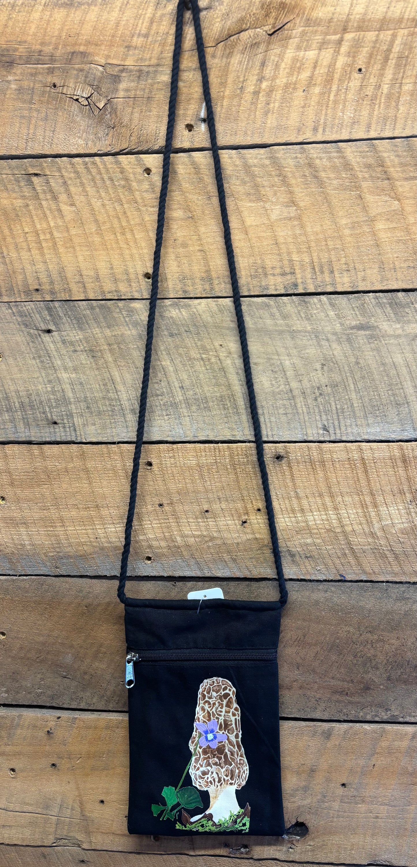 "Morel with Violet" Jamie's Hand-Drawn Mushroom Collection Handbag With Twisted Rope Strap 6"x9"