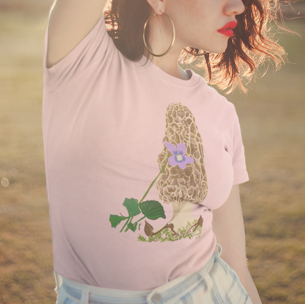 "Morel with Violet" from Jamie's Hand-Drawn Mushroom Collection Unisex Soft-style T-Shirt