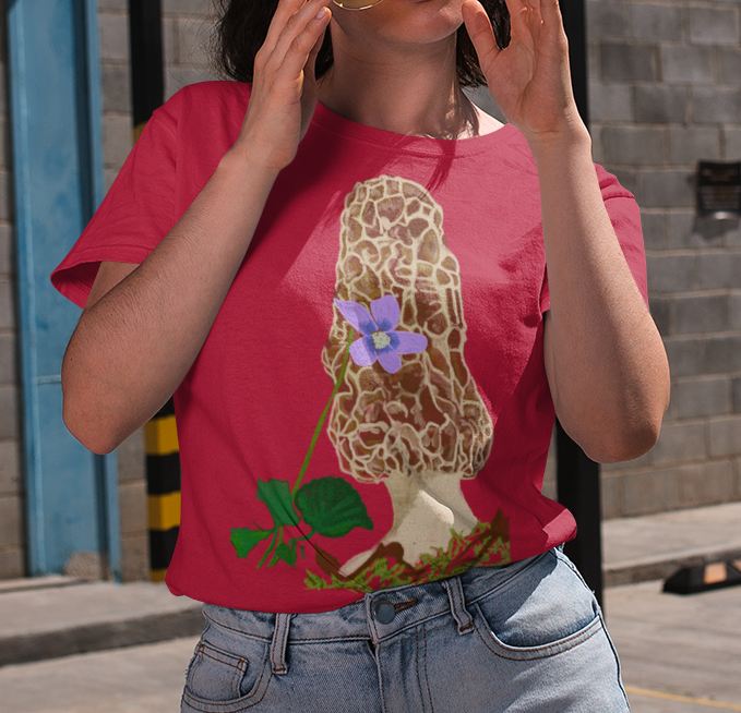 "Morel with Violet" from Jamie's Hand-Drawn Mushroom Collection Unisex Soft-style T-Shirt