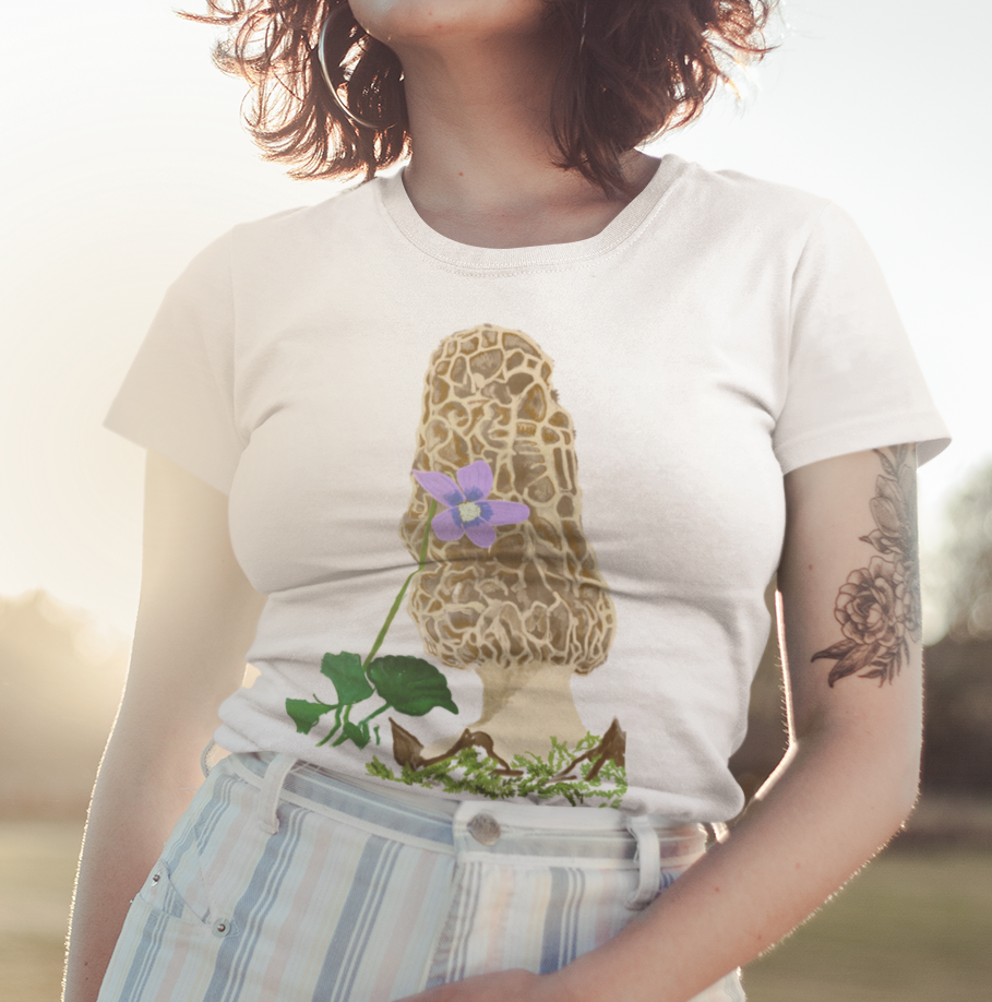 "Morel with Violet" from Jamie's Hand-Drawn Mushroom Collection Unisex Soft-style T-Shirt