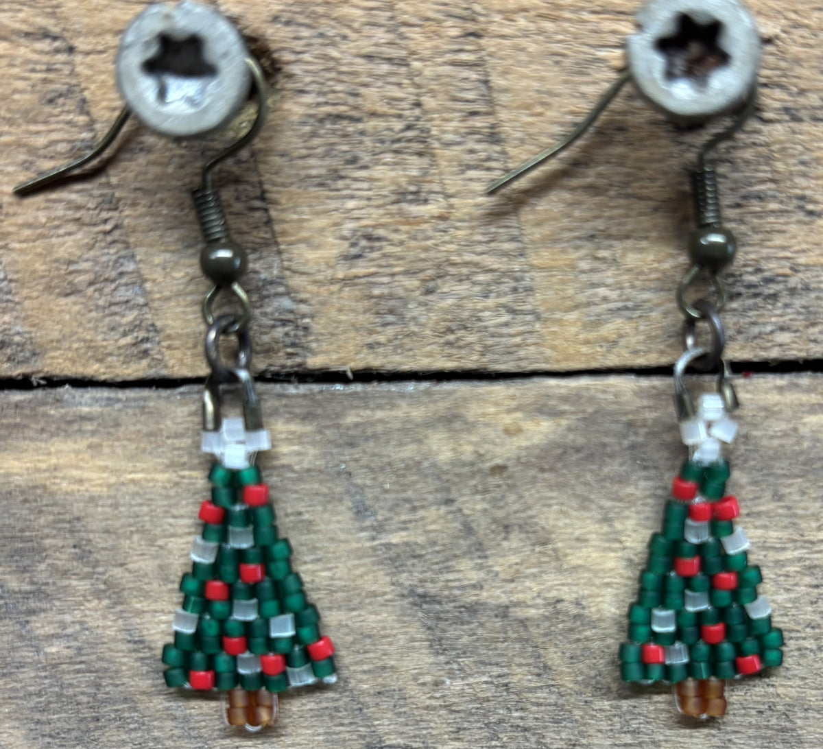 Handmade Beaded Christmas Tree Earrings – Green Trees with Red & White Accents
