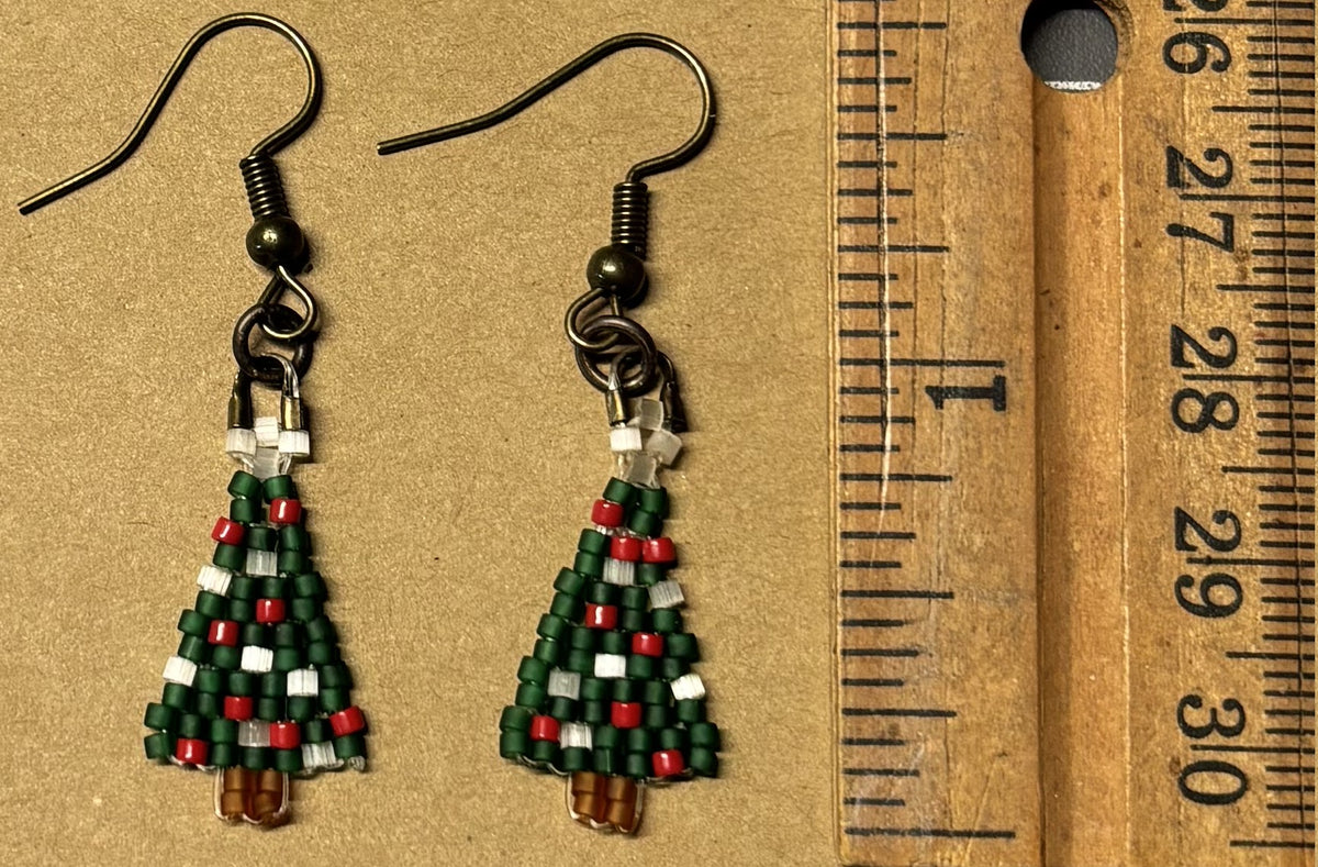 Handmade Beaded Christmas Tree Earrings – Green Trees with Red & White Accents