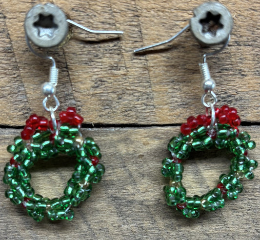 Handmade Beaded Christmas Wreath Earrings – Green & Red Holiday Dangles