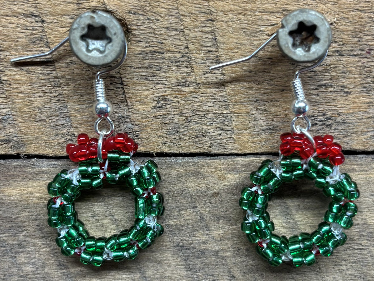 Handmade Beaded Christmas Wreath Earrings – Green & Red Holiday Dangles